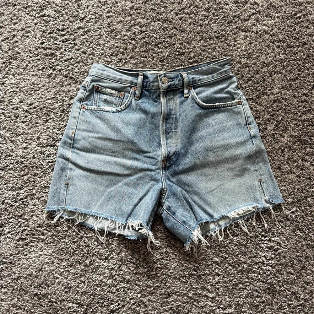 Agolde Dee Light Blue High-Rise Distressed Denim Cutoff Shorts